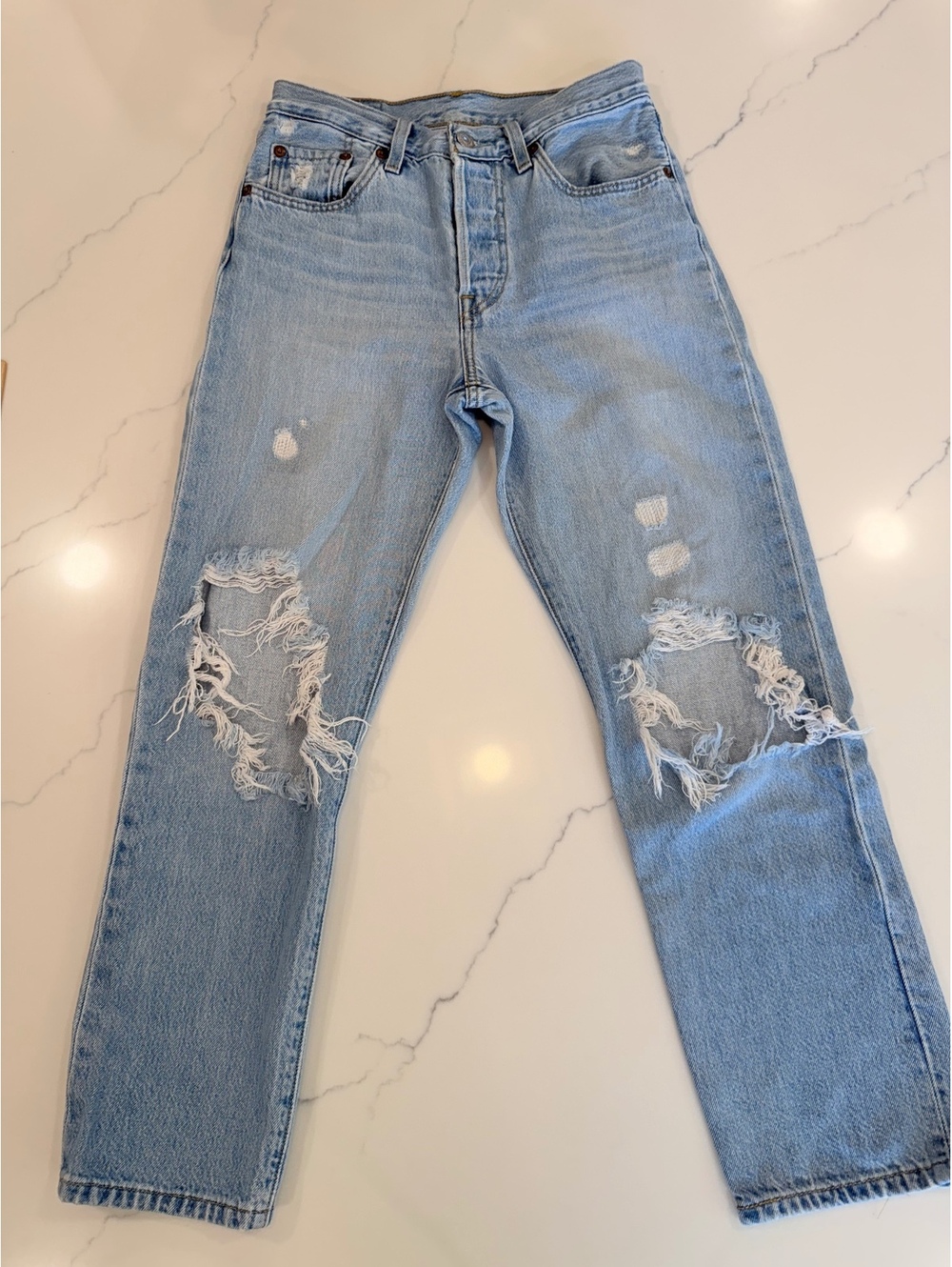 Womans Levis Premium Light Wash Distressed Jeans 501 Button Fly Size 25x26